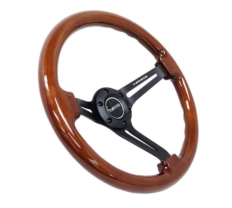 NRG Reinforced Steering Wheel (350mm / 3in. Deep) Brown Wood w/Blk Matte Spoke/Black Center Mark